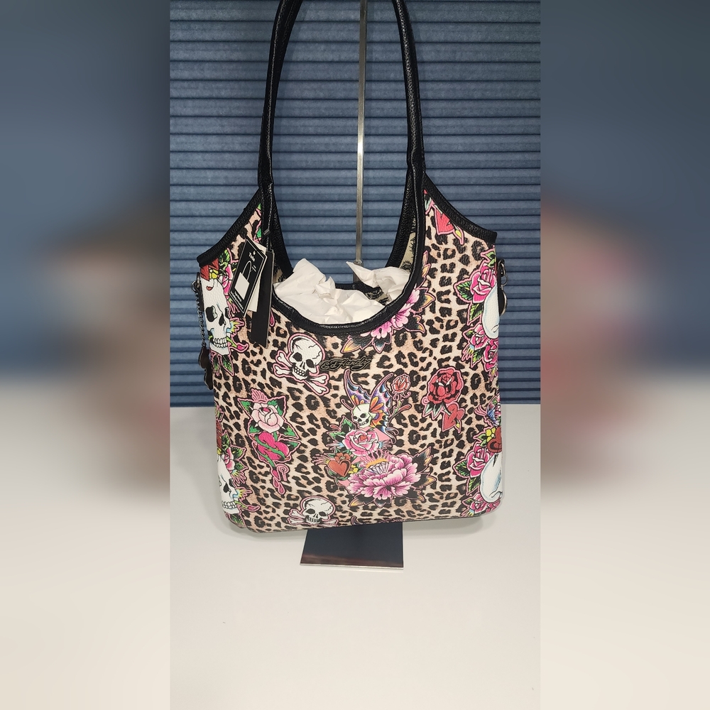 Ed Hardy Leopard Skull Floral Shoulder Bag - Pink, Black, Tan